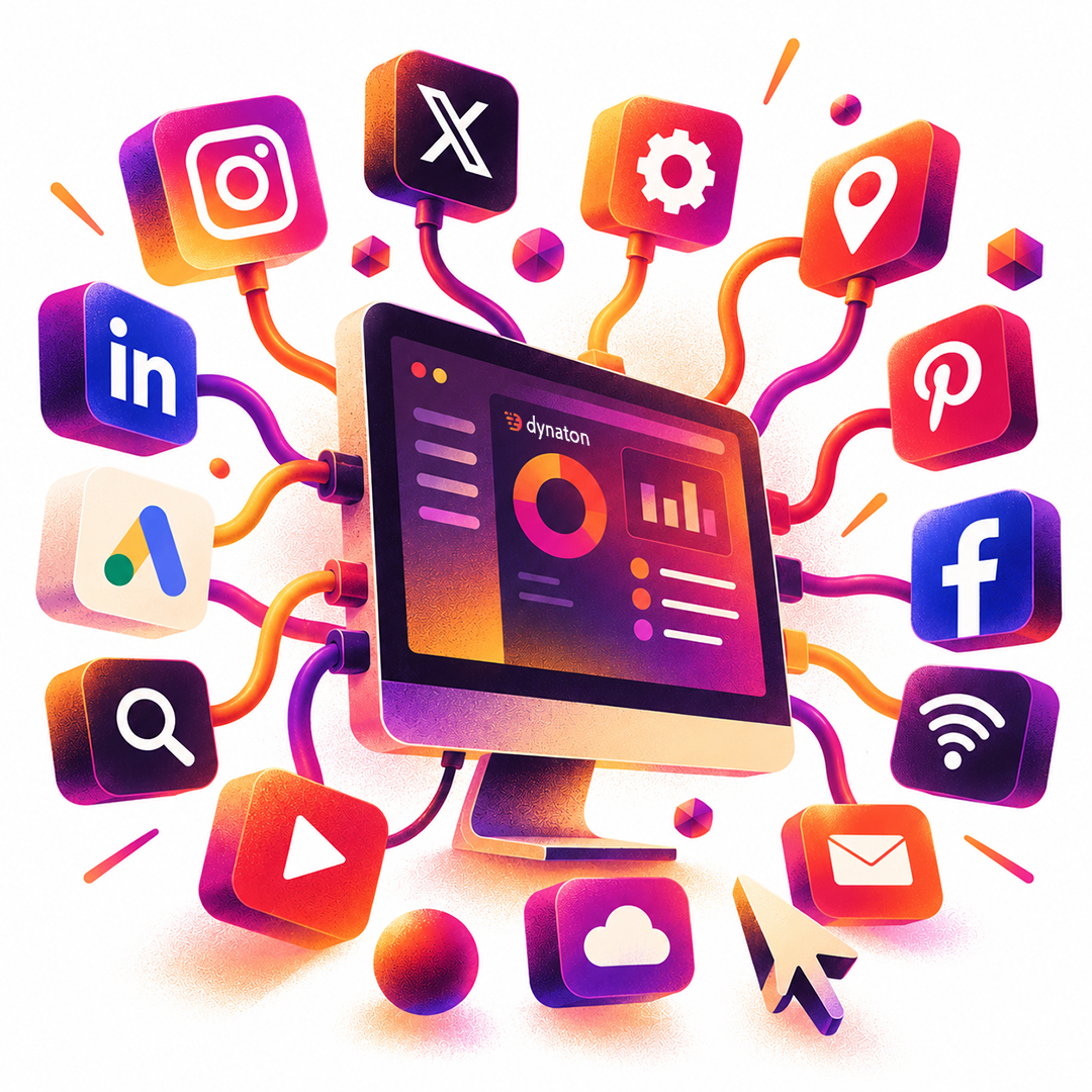 Ilustração de um monitor exibindo dados de marketing, conectado por fios coloridos a diversos canais e plataformas digitais, incluindo Instagram, X, configurações, localização, Pinterest, Facebook, Wi-Fi, LinkedIn, Google Ads, pesquisa, YouTube, nuvem e e-mail, em estilo 3D vibrante com gradientes laranja, rosa e roxo, sombras e textura granulada sobre fundo branco.